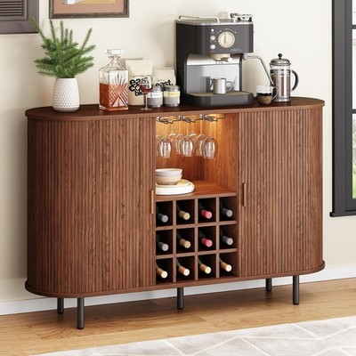 55'' Wine Bar Cabinet with LED Light, Modern Liquor Whiskey Coffee