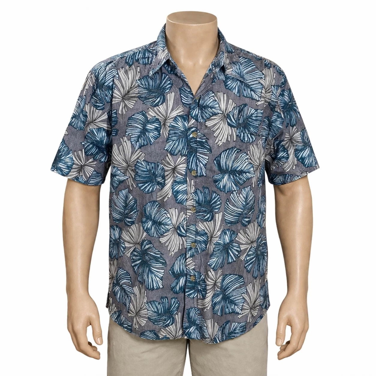 Cooke Street Hawaiian Aloha Shirt XL Floral Leaves Reverse Print Gray Blue