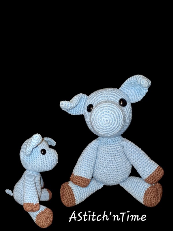 AStitch'nTime Handmade Crocheted Pig Stuffed Animal Blue Brown Plush Toy