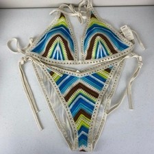Aerie Crochet Bikini Swimsuit Cheekiest Halter Triangle Tie Striped Size XL NWT