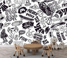 Urban Graffiti Black and White Wallpaper Mural Removeable Washable Peel&Stick