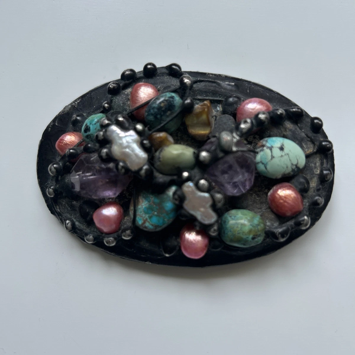 Beautiful Handcrafted Artisan Mikal Winn Vintage Turquoise Metal Belt Buckle Vintage Western Pearl Belt Buckle - Etsy main image 2