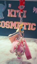 Pink Kawaii Bear Charm Key Chain Detachable Beaded Strap Faux Fur Pom Pom