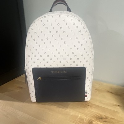 Tommy Hilfiger Monogram Backpack White/Navy Zip Front Pouch Adjustable Strap