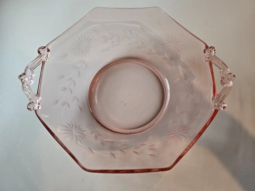 Vintage Lancaster Pink Floral Etched Depression Glass 10.5"Bowl With Handles