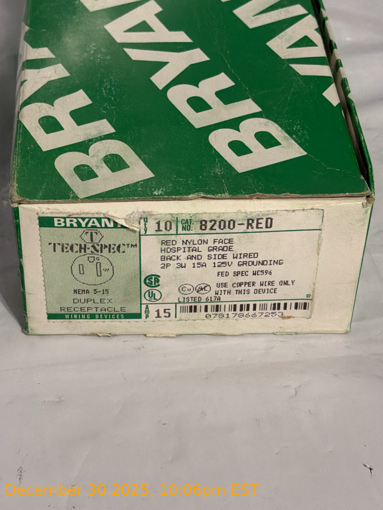 NEW Bryant 8200RED Duplex Receptacle Red Nylon Face Hospital 15A 125V NEMA 5-15