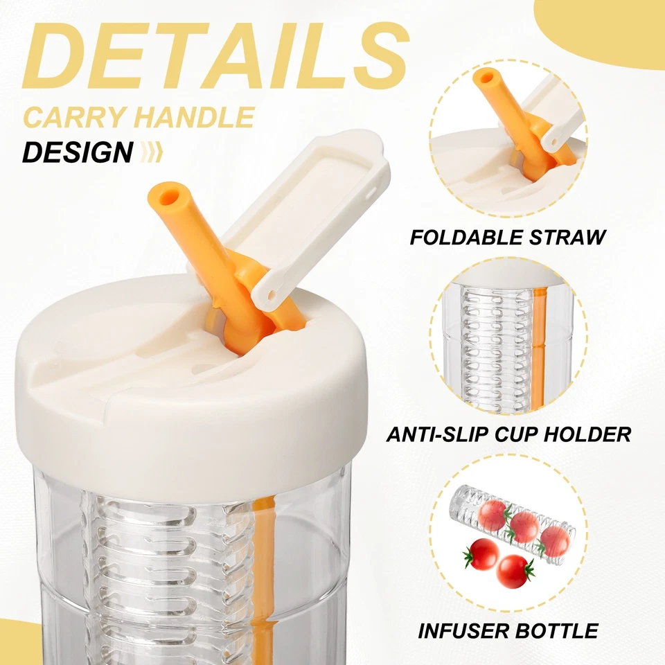 Botella de agua infusora de frutas 29 oz botella de agua de plástico con asa de transporte blanca Foto 3 de 4