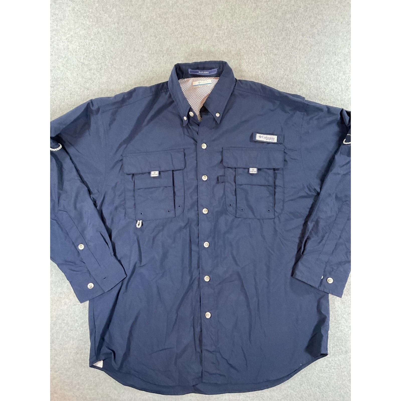Columbia PFG Bahama II Fishing Shirt Mens Small Navy Blue Long Sleeve #748