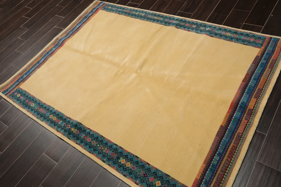 4'9" x 6'7" Classic Hand Knotted Wool Tibetan Oriental Area Rug Vanilla - Image 2 of 4