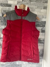 Women's EDDIE BAUER EUC Down Fill Puffer Sherpa Lined Vest-Red/Gray-S
