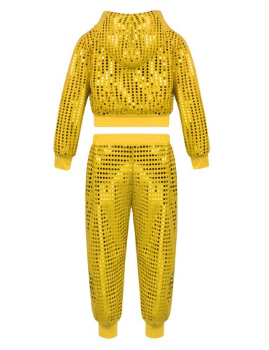 Girls Shiny Sequins Dance Outfit Long Sleeve Crop Tops and Pants Set Dancewear - Picture 5 of 80