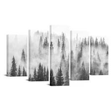 KREATIVE ARTS Black and White 5-Piece Foggy Forest Canvas Wall Art - Misty Mo...