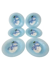 6 Linens N Things Hand Painted Frosty Snowman Light Blue Dessert Side Plates Set