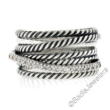 David Yurman Sterling Silver Pave Diamond Cable Crossover Wide Band Ring