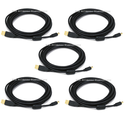 5pk 10ft USB 2.0A Male to Mini-B 5pin Male 28/24AWG Cable Ferrite Core Gold 5449