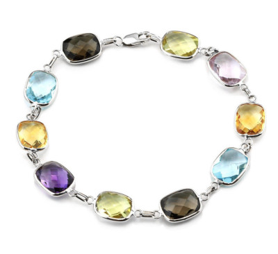 14K Weißgold Armband mit mehrfarbigen Kissenschliff Edelsteinen 7,5 cm