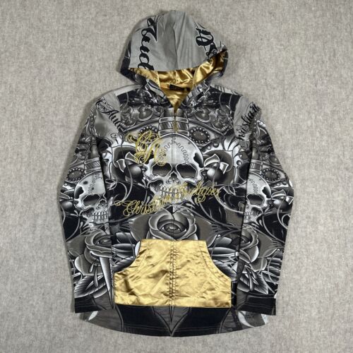 Christian Audigier Women's Hoodie Jacket MEDIUM Skulls on Black Gold & Grey