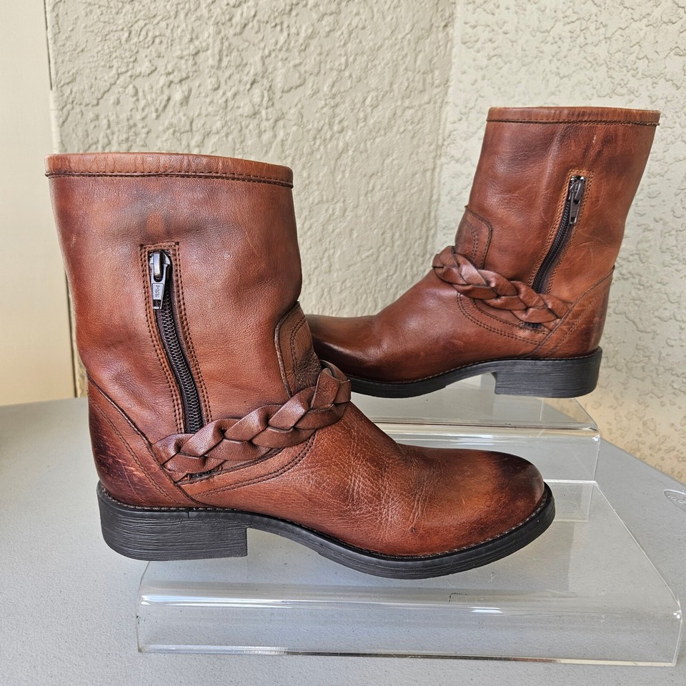 Steve Madden 8.5 Brown Leather Ankle Boots Braid Strap Moto eBay