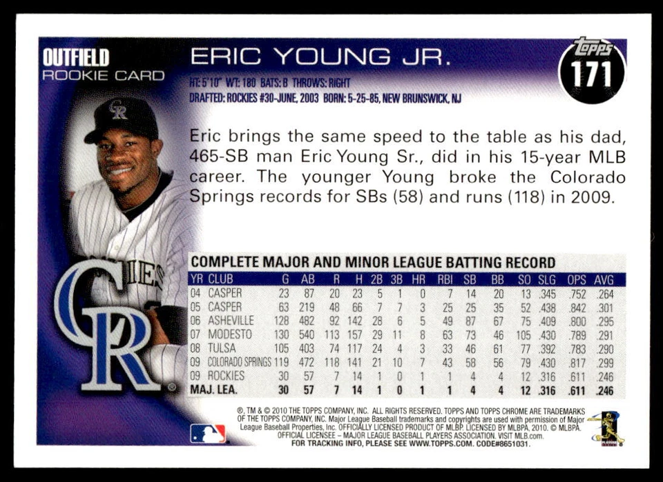 2010 Topps Chrome #171 Eric Young Jr. BASEBALL Colorado Rockies - Image 2 of 2