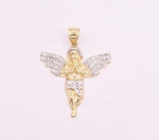 Men's Large Two Tone Baby Angel Pendant Charm Real 10K Yellow White Gold