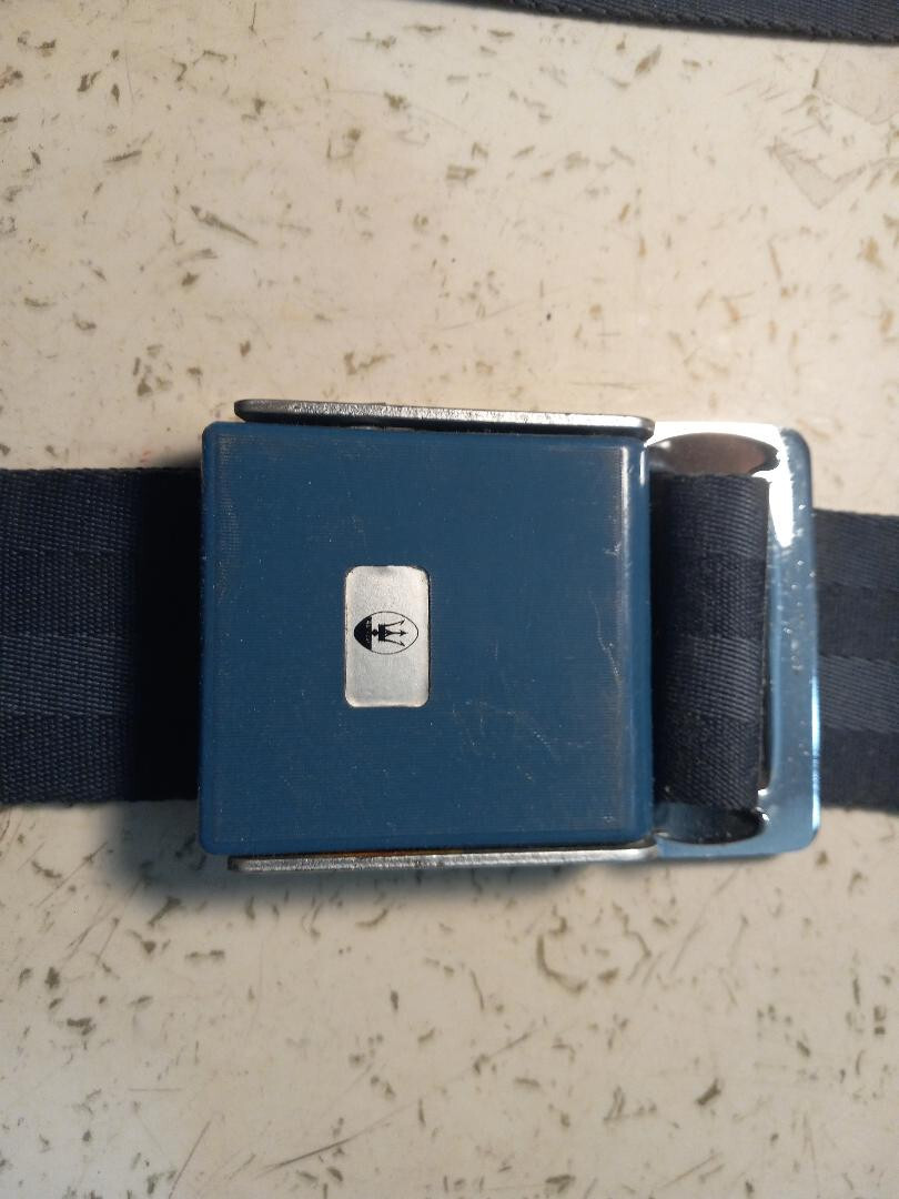 Vintage Maserati seat belt- blue cover with Maserati logo-Irving Air Chute Co.