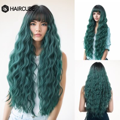 HAIRCUBE Long Green Wave Synthetic Wigs Women's Full Hair