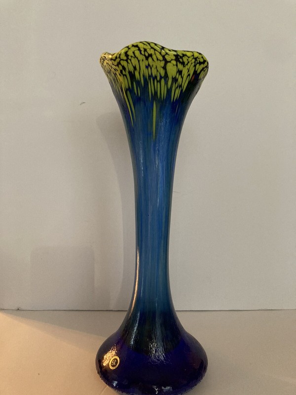 Czech Republic Art Glass Cobalt And Yellow Textured Vase