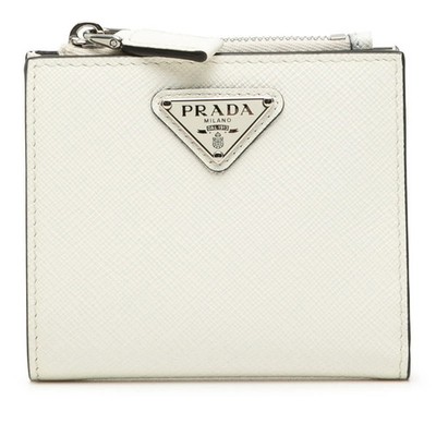 Prada Triangle Logo Bifold Wallet Saffiano Leather White Compact