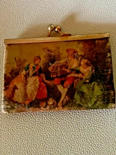 Vintage Strawbridge Clothier Change Purse Kiss Clasp Satin Victorian Scene Italy