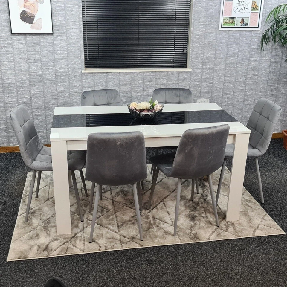 Black & White Wood Dining Table Set with 6 Velvet Chairs Dining Room Furniture - Image 2 of 4