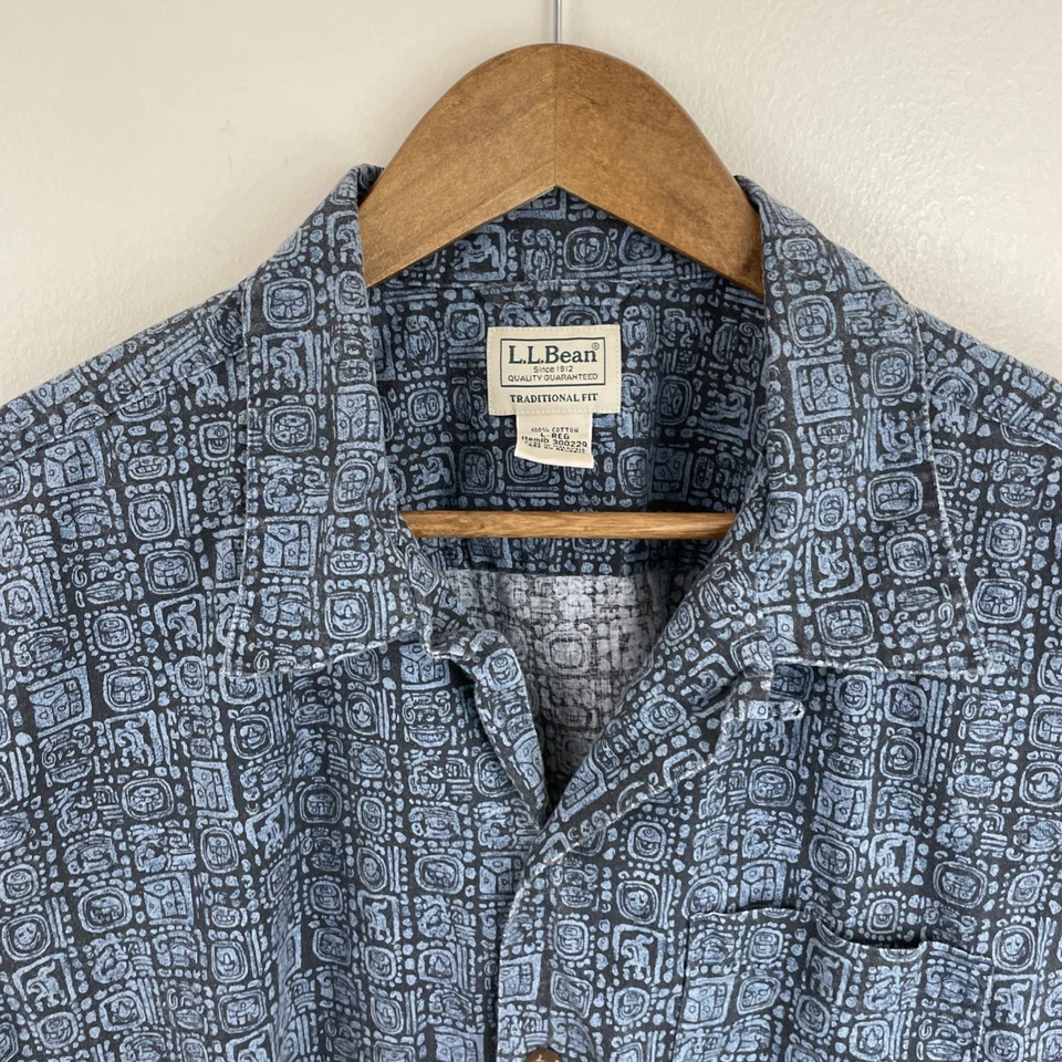 L. L. Bean Shirt Mens Large Traditional Blue Aztec Short SLV Button Loop Collar - Image 4 of 4