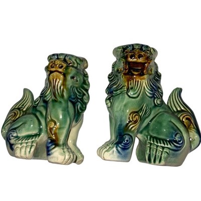 Vintage 70s pair of foo dogs pottery green brown glaze dragons Asian 