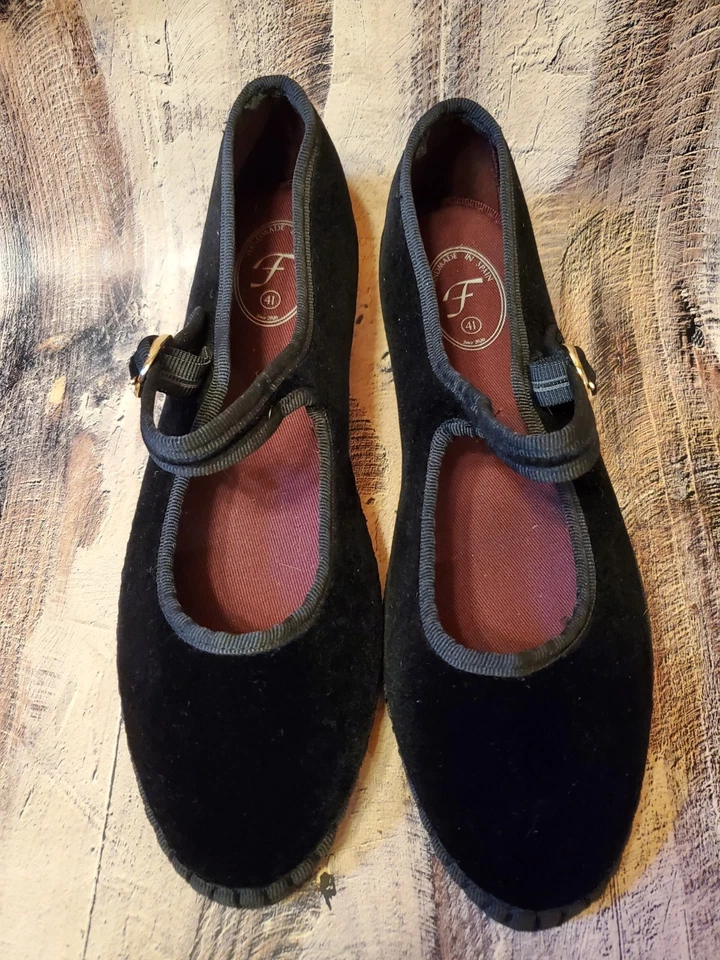 Flabelus Antonia Terciopelo Mary Jane Plano Mujer EU41 US 10 Negro Hecho a Mano en España Foto 2 de 4