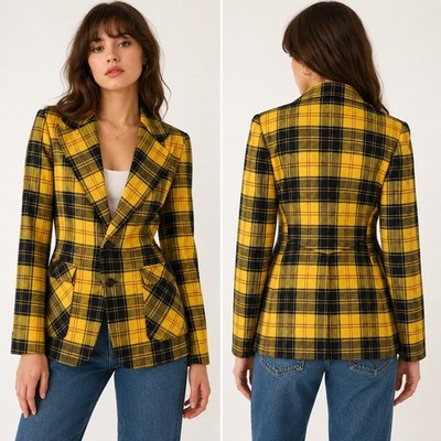 70s Vintage Bootlegger Blazer Womens 38 Yellow Black Plaid Tartan Wide Lapel