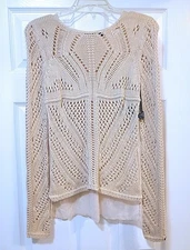 Dex Crocheted Top Size XS/TP Beige Sheer Lower Back High Low