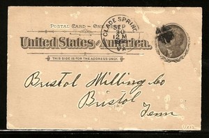 SCOTT# UX12 POSTAL CARD - POSTED 1896 GLADE SPRING VA TO BRISTOL TENNESSEE