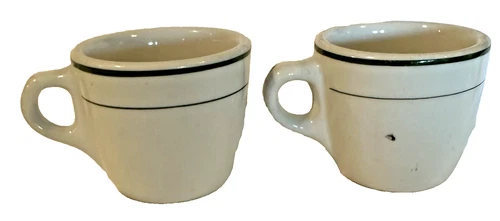 2- Vintage Tepco China Restaurant Ware Diner Coffee Cups Mugs Green Stripe EUC