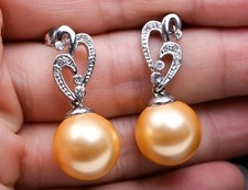 14mm Golden Color Round Sea Shell Pearl Earrings Dangle Drop White Gold Plated