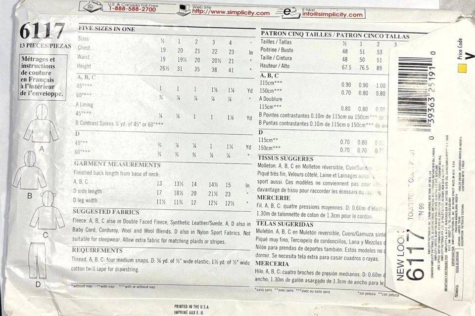 New Look 6117 Sewing Pattern Size 6 mo 1 2 3 4 Hoodie & Pants New UNCUT - Image 2 of 2