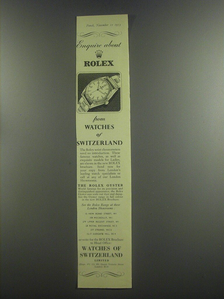 1953 Watches of Switzerland Ad Enquire about Rolex from Watches