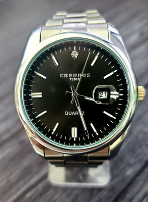 Swiss Style Men's Date Watch Tuxedo Black Diamond Enamel Dial