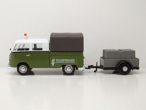 VW T1 Bus Plataforma Lona Verde Blanco con Remolque Coche Modelo 1:24 MotorMax - Imagen 3 de 9