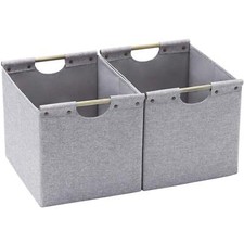 Large Foldable Storage Bins Linen Fabric 2 Pack With Wooden Carry Handles And St