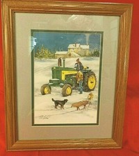RAY CROUSE JOHN DEERE TRACTOR PRINT - SLEIGH RIDE with DADDY - DBL MAT - FRAMED
