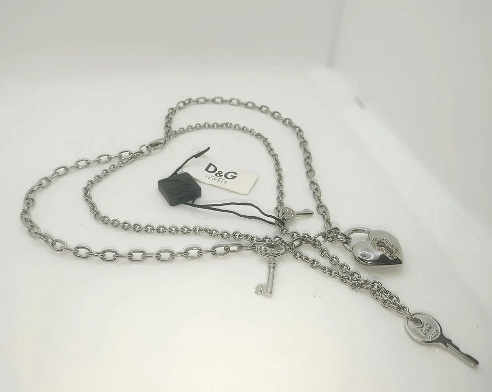Dolce & Gabbana Necklace Y2K Silver-toned Double Chain + 4 Pendants and Crystals - Immagine 3 di 4