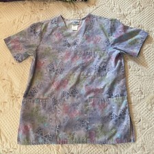 S SB Scrub Top Womans Nurse Uniform Medical Lavender Butterflies Floral Therapy