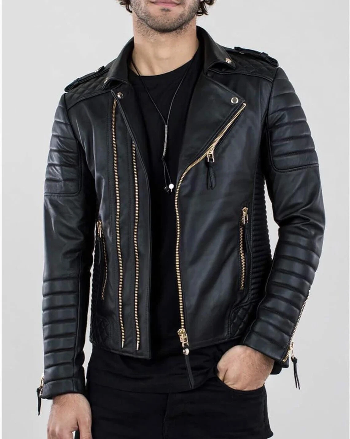 Men’s Black Biker Leather Jacket Retro Motorcycle Jacket Outwear Real Leather