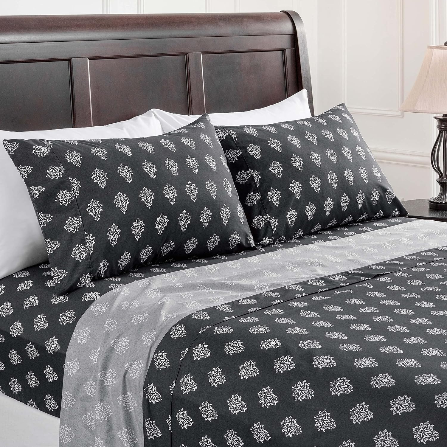 Premium Small Damask Printed Victorian Patterned Queen Bed Sheet Set 4-Piece - 1