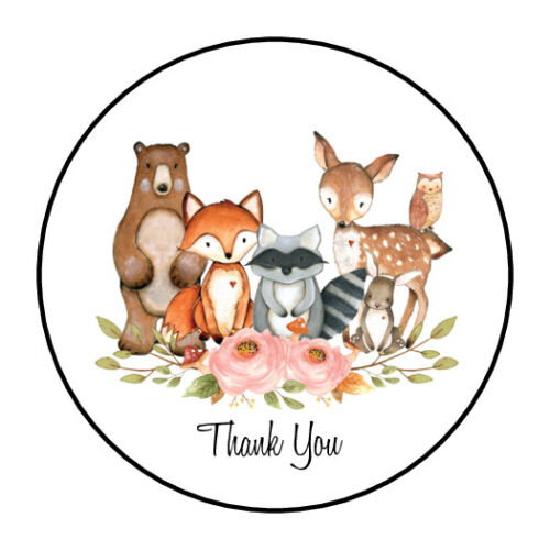 30 1.5" WOODLAND ANIMAL GIRL THANK YOU BABY SHOWER FAVOR LABELS ROUND STICKERS - Picture 1 of 1