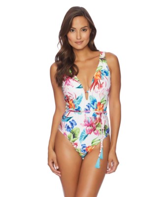 NEW  Athena Tropical Trip Belted Plunge Maillot One-Piece Swimsuit  Size 14